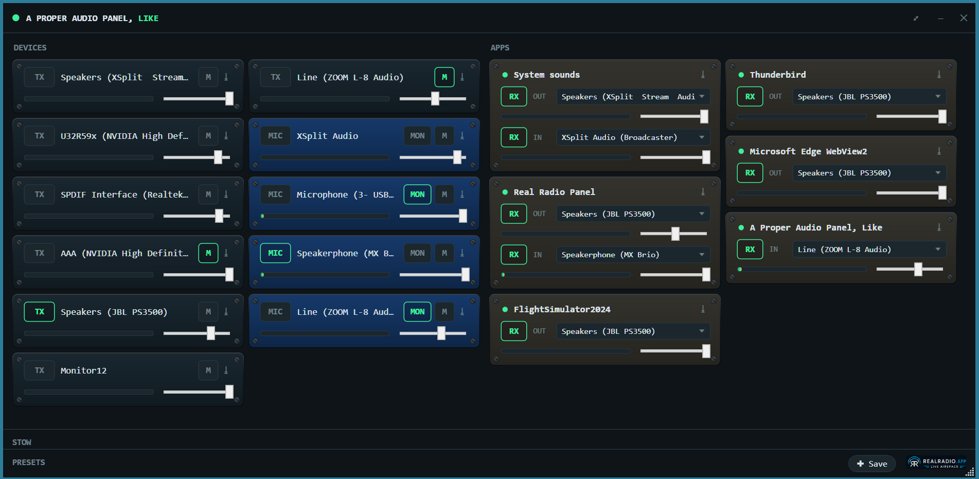 A Proper Audio Panel, Like — per-app and per-device routing with live VU meters